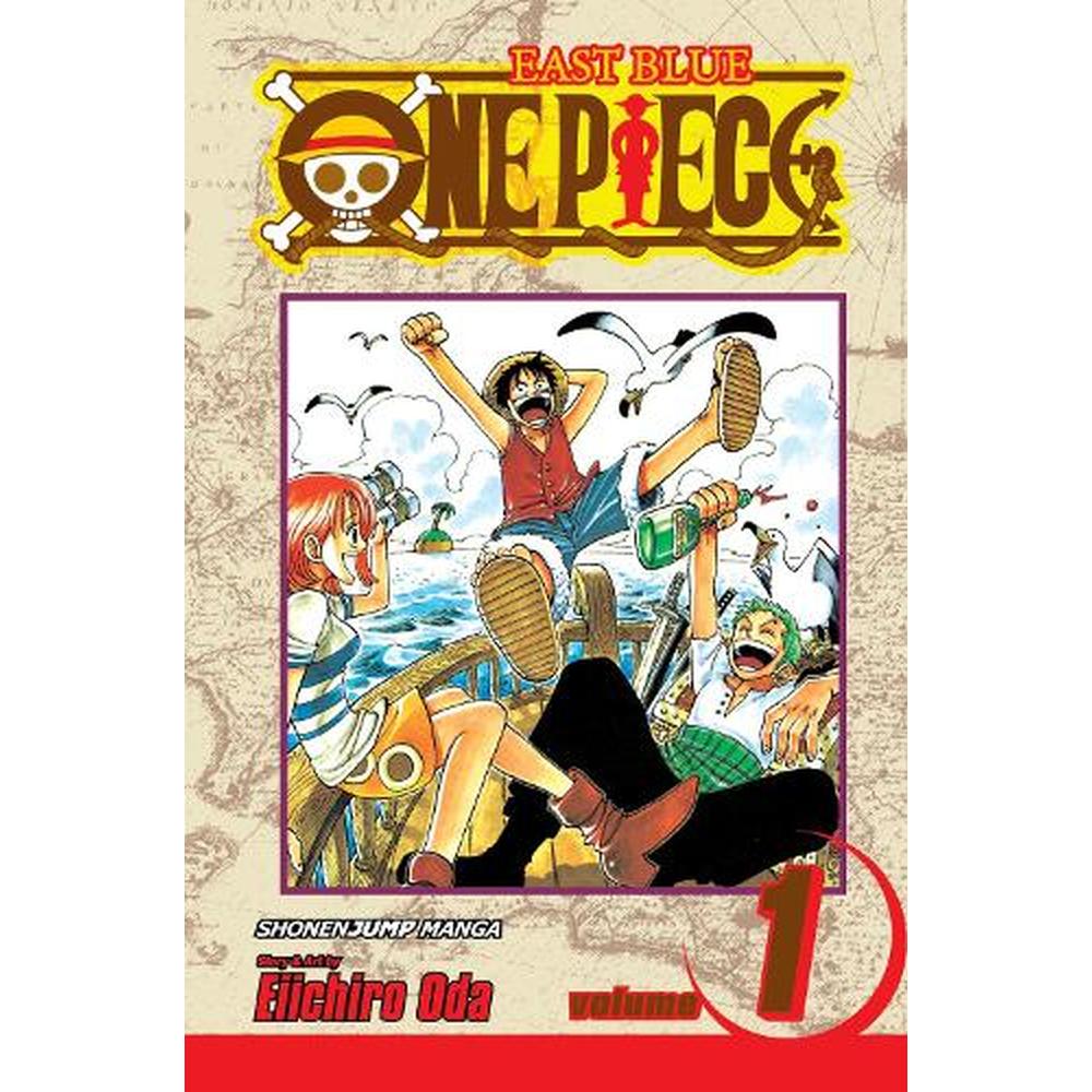 ภาพปกมังงะ One Piece Vol. 1 แสดงมังกี้ ดี. ลูฟี่และกลุ่มโจรสลัดหมวกฟาง