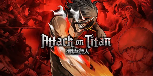 ภาพรวมตัวละครและไททันพร้อมชื่อ Attack on Titan บนพื้นหลังสีแดง
