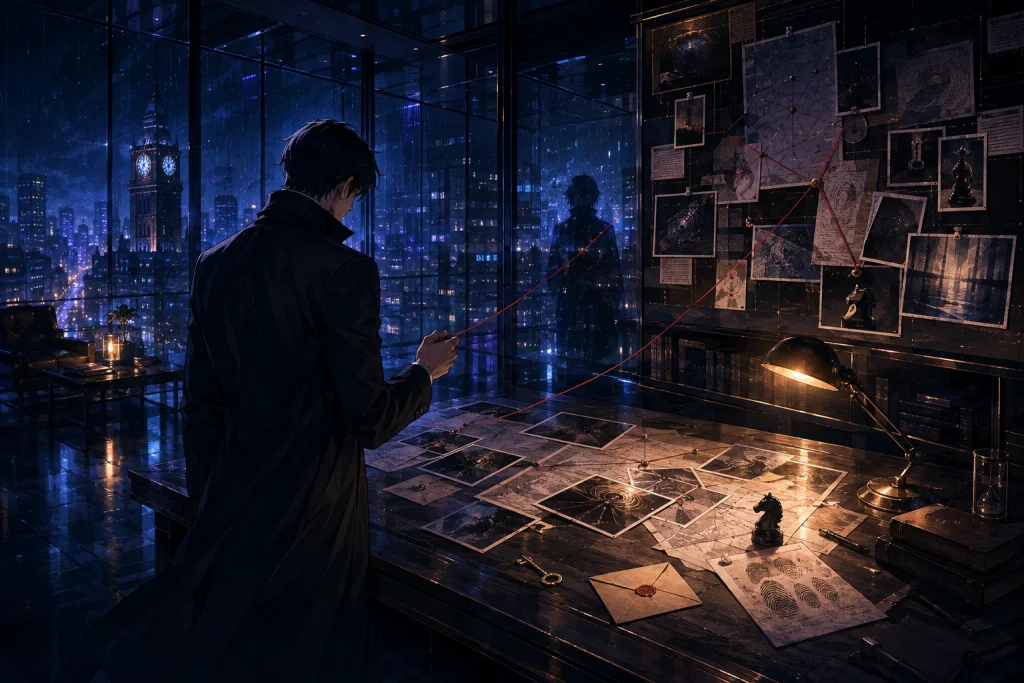 ภาพประกอบหมวดมังงะ Mystery / Thriller นักสืบสมมติกำลังเชื่อมโยงเบาะแสในห้องกระจกเหนือเมืองยามฝน