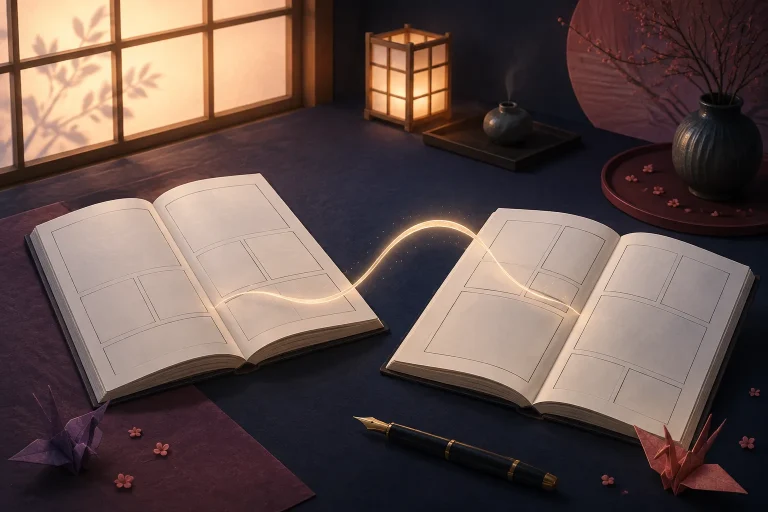 ภาพประกอบเชิงบรรณาธิการของสมุดการ์ตูนเปล่าสองเล่มที่เชื่อมด้วยเส้นแสงในมุมอ่านหนังสือ ไม่ใช่ภาพจากมังงะหรือบุคคลจริง