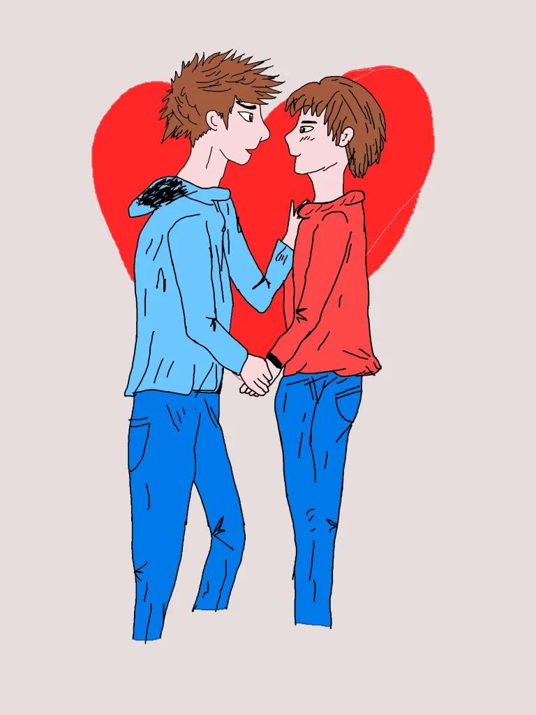 ภาพวาดสไตล์มังงะของตัวละครชายสองคนจับมือกัน ใช้ประกอบการอธิบายคำว่า yaoi BL และชายรักชาย
