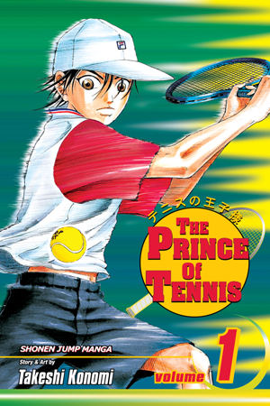 ภาพปกมังงะ The Prince of Tennis เล่ม 1 ฉบับ VIZ แสดงเรียวมะ เอจิเซ็นถือแร็กเกต ผลงานของ Takeshi Konomi