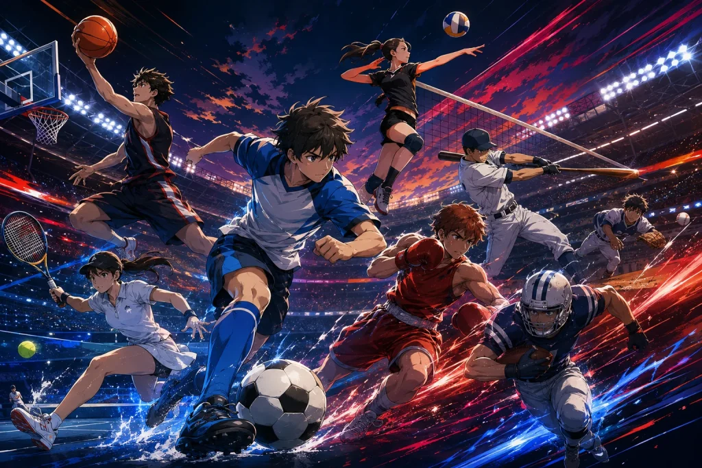 ภาพประกอบต้นฉบับนักกีฬาฟุตบอล วอลเลย์บอล บาสเกตบอล เบสบอล เทนนิส มวย และอเมริกันฟุตบอลในสนาม