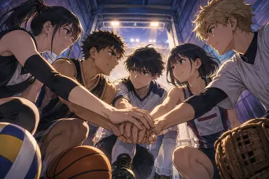 ภาพประกอบนักกีฬายืนล้อมวงและซ้อนมือกลางทีมก่อนการแข่งขัน