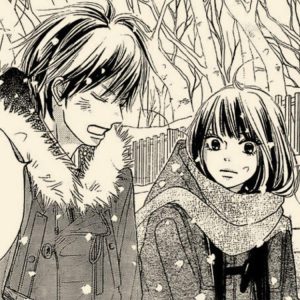 ภาพขาวดำตัวละครจาก Ao Haru Ride ในหิมะ