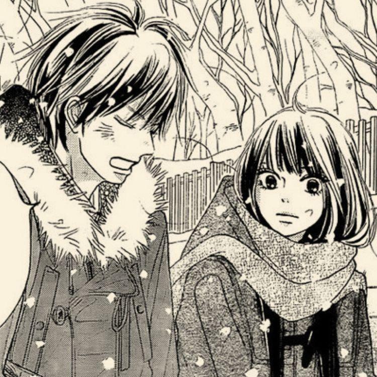 ภาพขาวดำตัวละครจาก Ao Haru Ride ในหิมะ