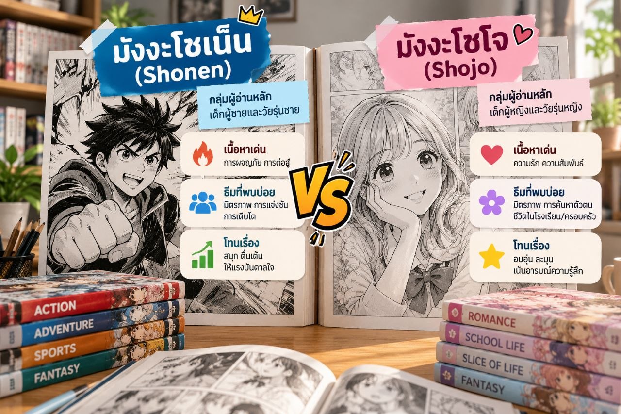 อินโฟกราฟิกเปรียบเทียบมังงะโชเน็นและโชโจ แสดงกลุ่มผู้อ่าน ธีมที่พบบ่อย และโทนเรื่อง