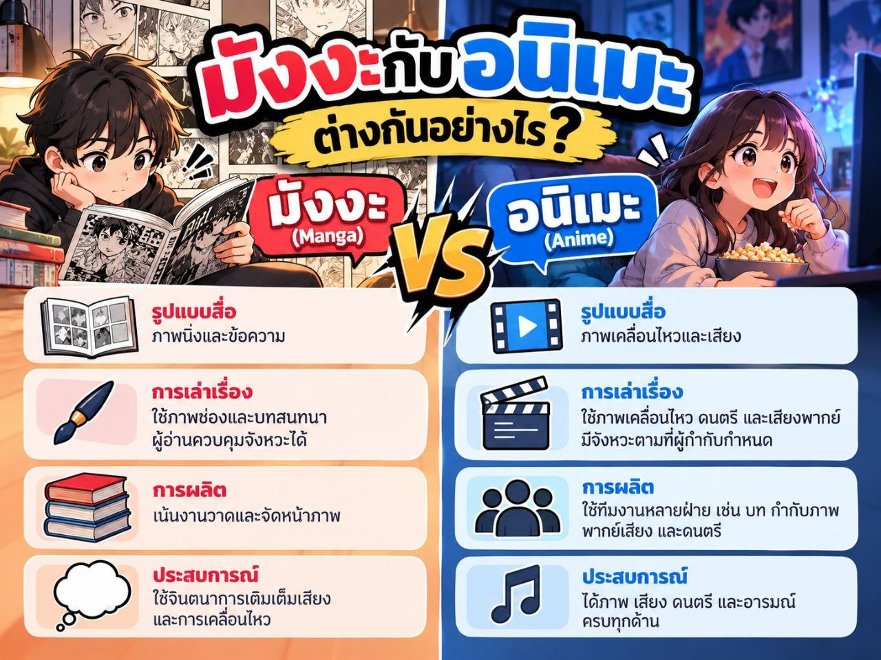 อินโฟกราฟิกเปรียบเทียบความต่างของมังงะและอนิเมะด้านรูปแบบสื่อ การเล่าเรื่อง การผลิต และประสบการณ์