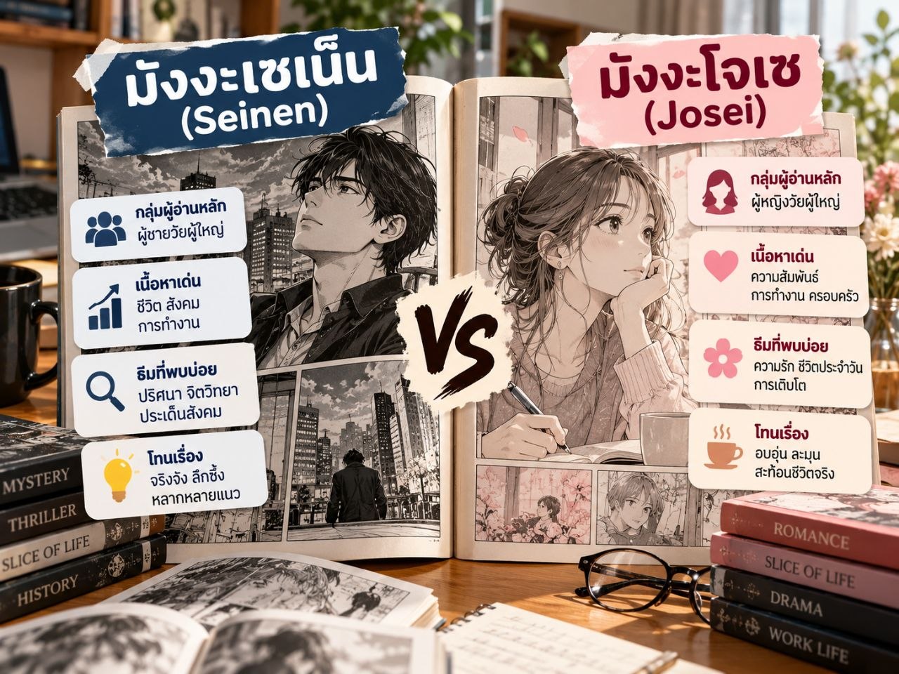 อินโฟกราฟิกเปรียบเทียบมังงะเซเน็นและโจเซ แสดงกลุ่มผู้อ่านและลักษณะเนื้อหาที่พบบ่อย