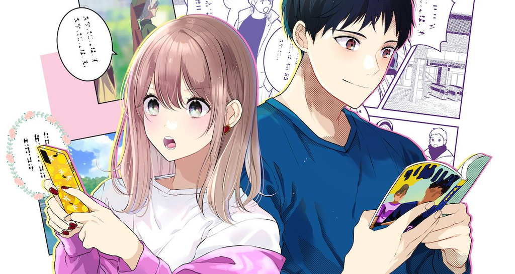 ภาพวาดสไตล์การ์ตูนของหญิงและชายกำลังอ่านการ์ตูนบนสมาร์ตโฟน