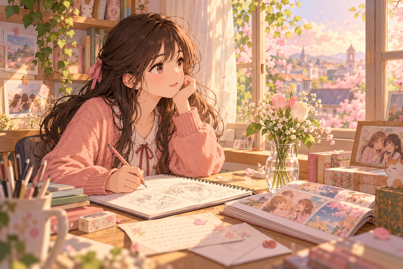 ภาพประกอบการอ่านและวาดมังงะโชโจในมุมทำงานอบอุ่น