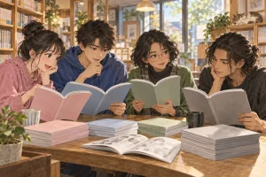 ภาพประกอบต้นฉบับของคนสี่คนเลือกอ่านมังงะในร้านหนังสือ